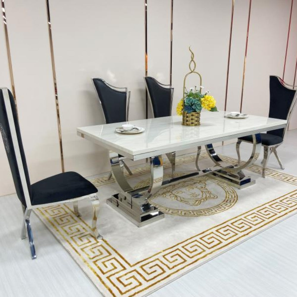 Classic Marble Dining Table With Black Velvet Classy Dining Room Chairs in Silver Stainless Steel Frame