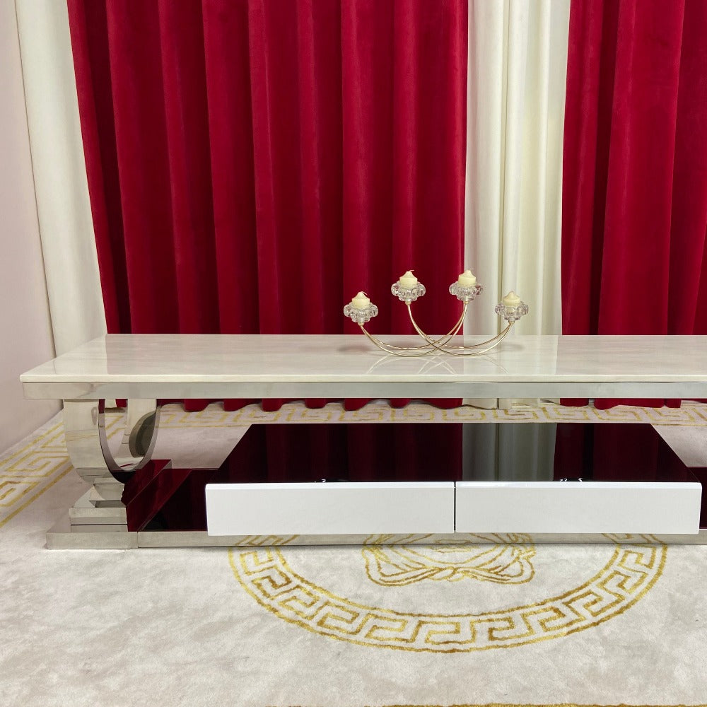 RBM Classic Home Furniture with Classic Modern Marble TV Stand with 2 Drawers in Silver Stainless Steel frame