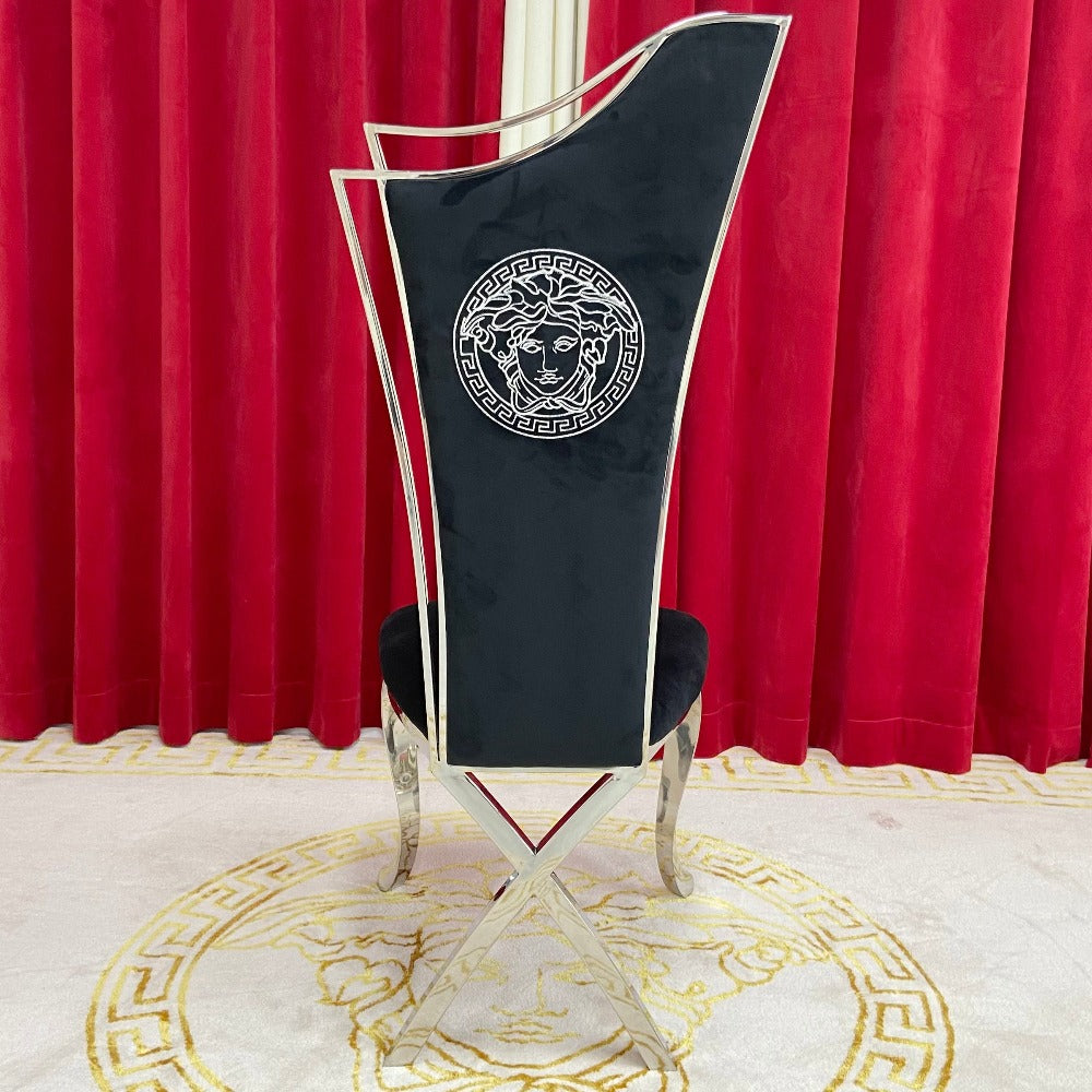 Classy Marble Dining Table with 6 Cream Classy Black Velvet Dining Room Chairs in Silver Stainless steel frame