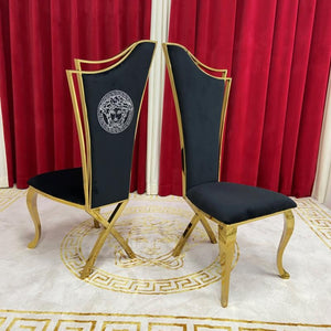 RBM Classic Home Online Furniture Store / Shop With Cheap / Discounted Prices. Luxurious and Stylish Elegant Marble Dining table with Gold Classy Black Velvet Dining Room Chairs in Gold Stainless Steel Frame.