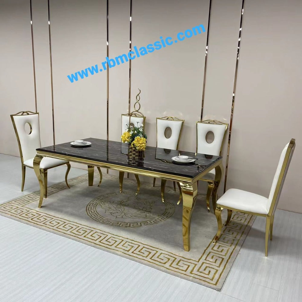 Traditional Marble Dining with 6 White Leather Dining Chairs in Gold Stainless Steel frame
