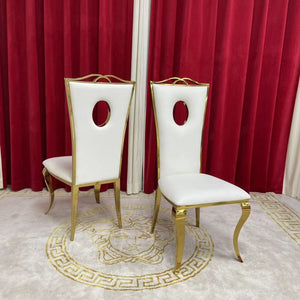 Modern Classic Marble Dining Table With Circle White Leather Dining Room Chairs in Gold Stainless Steel Frame