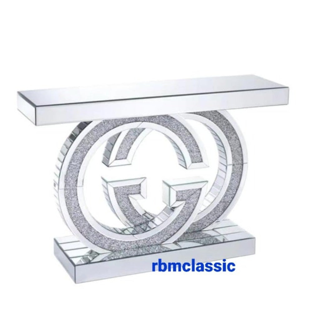 GG Shaped Diamond Crushed Glass Hallway Console Table in Silver