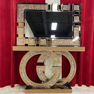 Diamond Crushed Mirrored Glass GG Style Hallway Console Table and Mirror set in Rose Gold Colour
