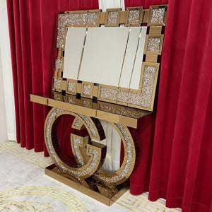 Diamond Crushed Mirrored Glass GG Style Hallway Console Table and Mirror set in Rose Gold Colour