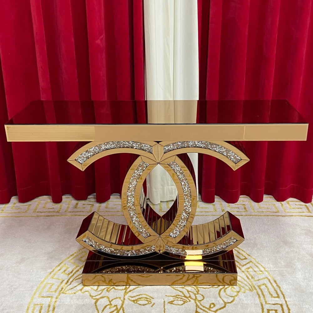 Rose Gold Chanel Shaped Diamond Crushed Glass Hallway Console Table