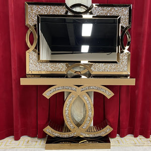 Rose Gold Chanel Diamond Crushed Console Table and Mirror 