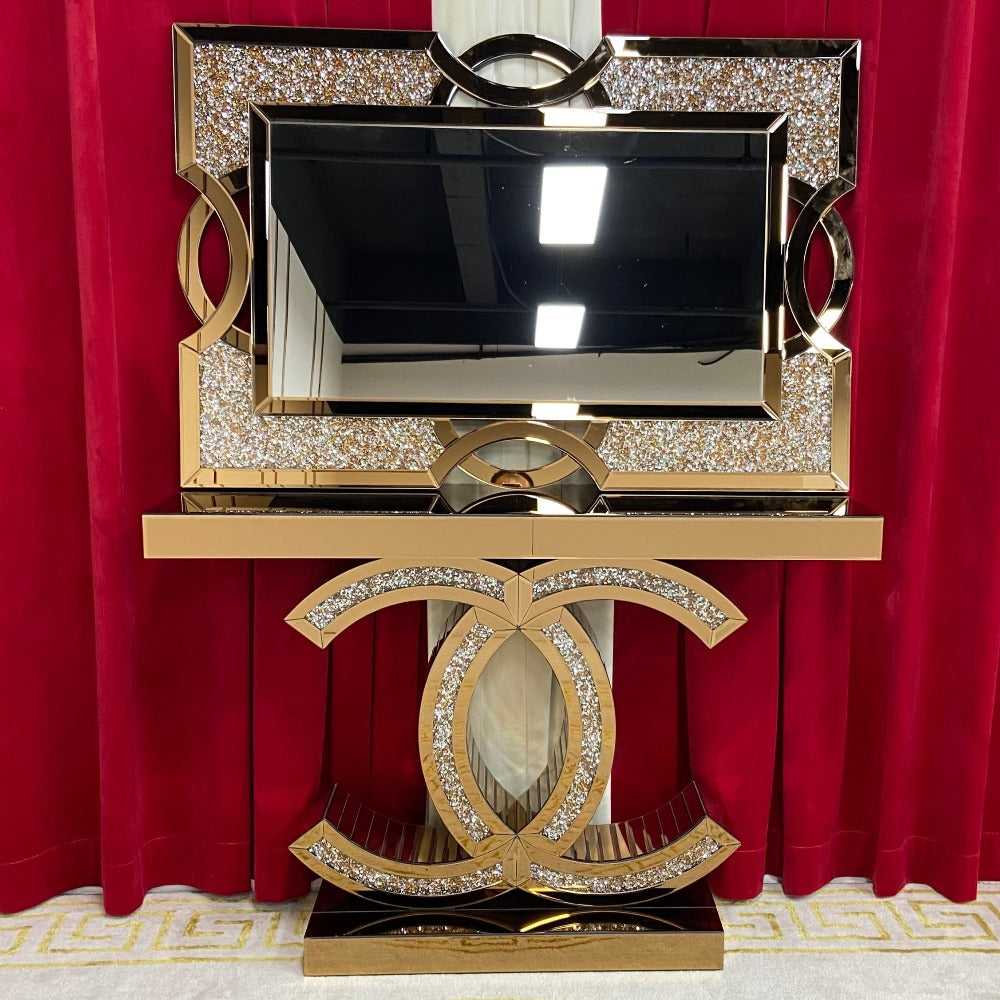 Rose Gold Chanel Diamond Crushed Console Table and Mirror 