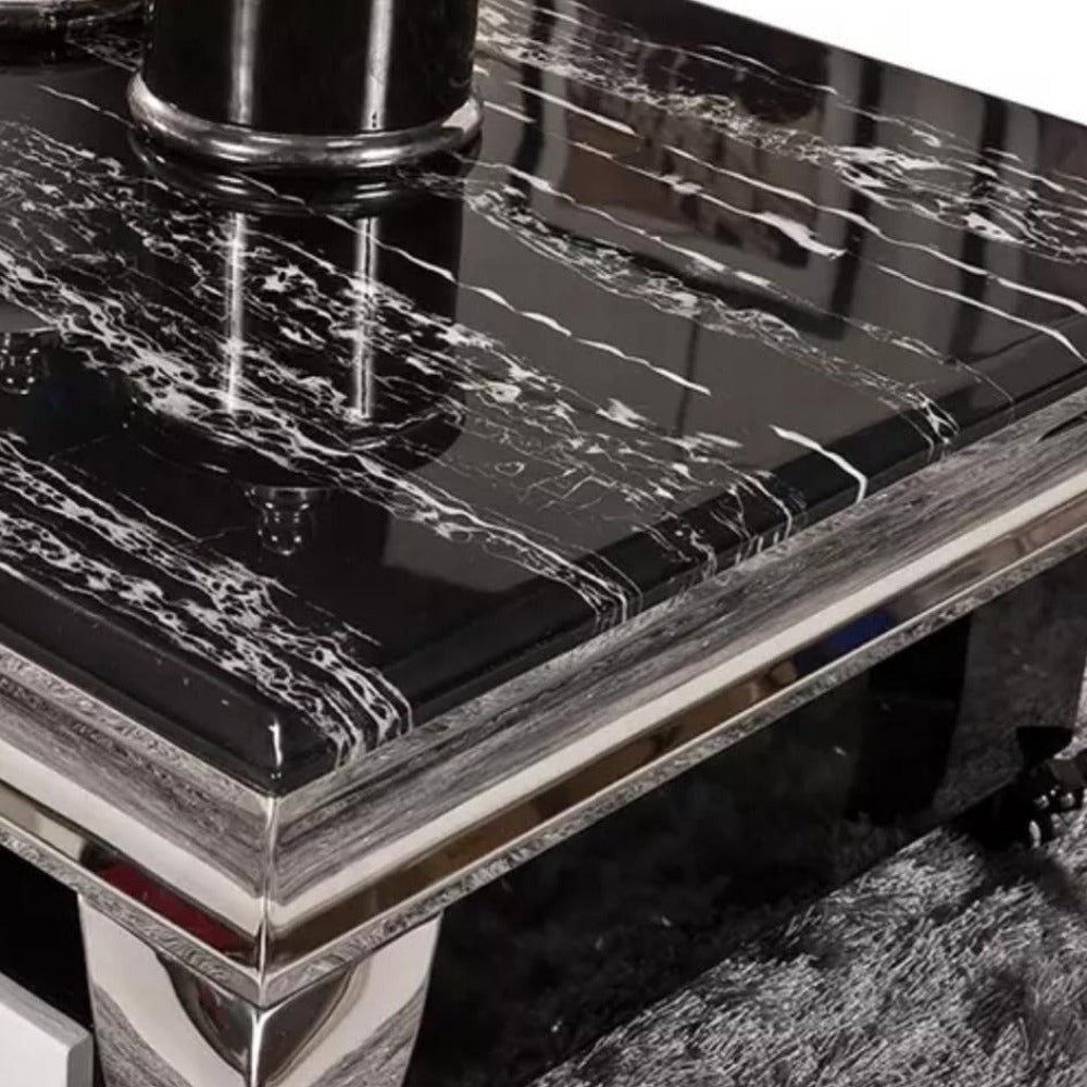 Traditional Marble Top Dining Table with Silver Stainless Steel Frame and 8 Modern White Leather Dining Room Chairs