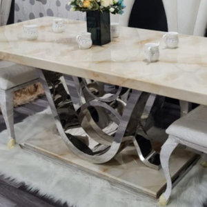 V8 Style Marble Dining Table and 6 White Circle Leather Dining Room Chairs in Silver Stainless Steel frame
