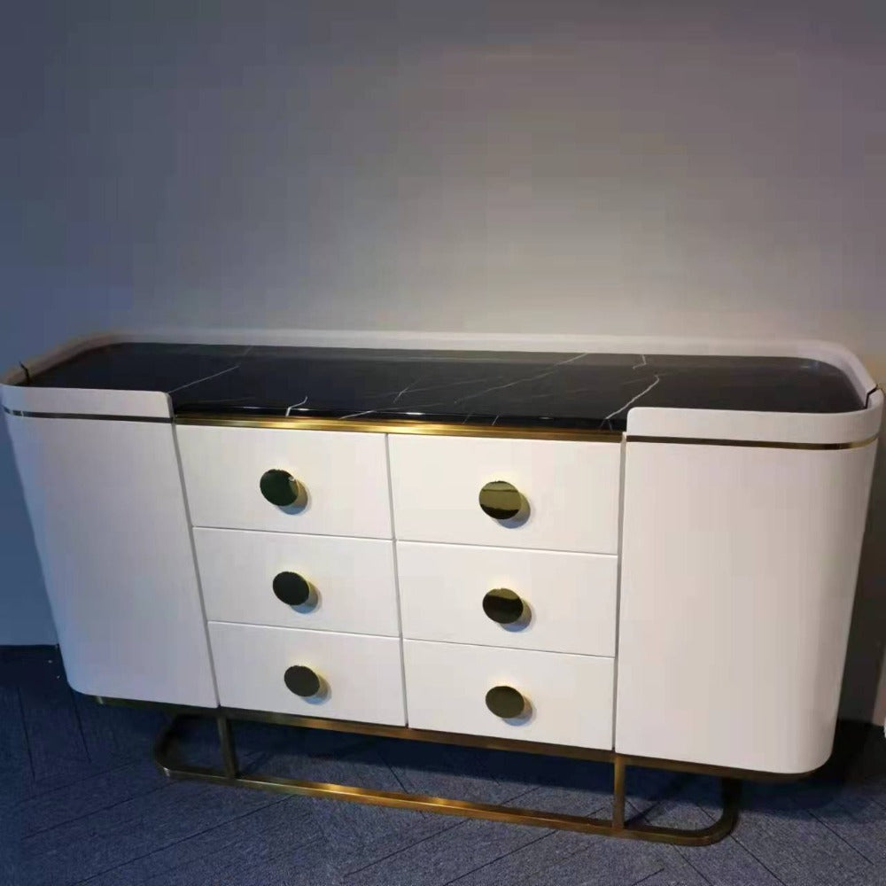 Buffet Cabinet in Bronze Storage Dining Room Buffet Cabinet with 2 shelves and 6 Drawers in Cream and Bronze frame