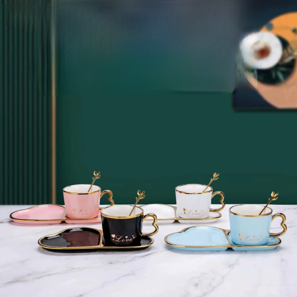 Golden Trim Modern Love Style Tea Cup, a Saucer and Gold Spoon in Blue