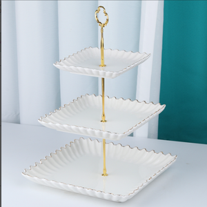 3 Tier White Ceramic Cake Stand with Sparkling Gold Finishing