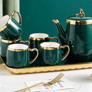 Modern Ceramic Tea Pot, Tea Cups and Serving tray with Golden Trim Edges in Green