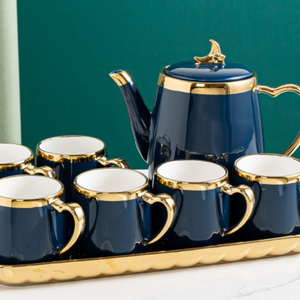 Modern Ceramic Tea Pot, Tea Cups and Serving tray with Golden Trim Edges in Blue