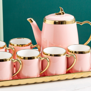 Modern Ceramic Tea Pot, Tea Cups and Serving tray with Golden Trim Edges in Pink Colour