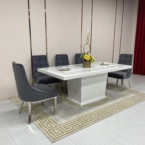 8 Seater Marble Dining Table With Silver Modern Grey Velvet Stainless Steel Frame Chairs