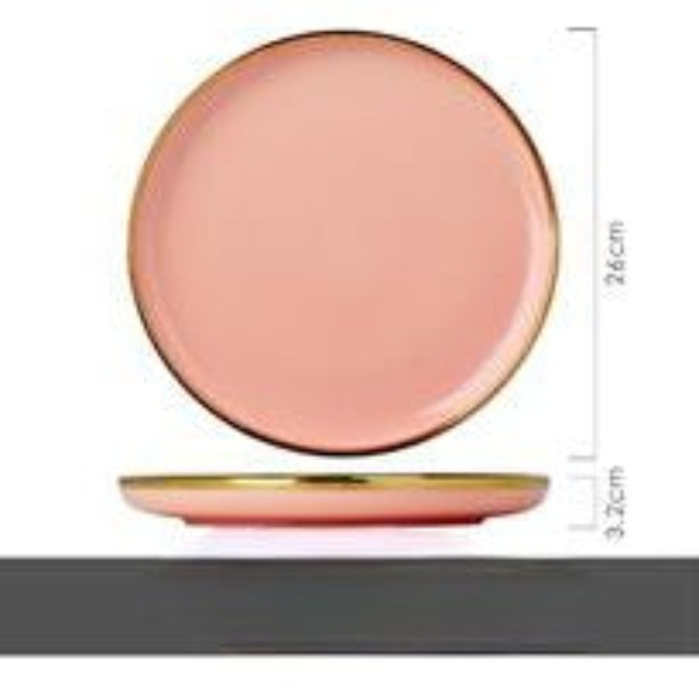 Modern, Classy and Elegant Ceramic dinner set with golden lining in pink, white and green plates