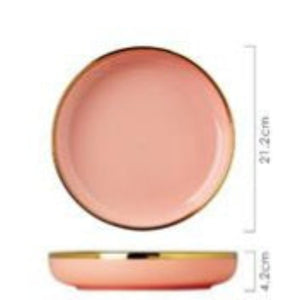 Luxury, Modern, Classy and Elegant Ceramic Dinner Set with Golden Trim Line in Pink Colour Serving Plate Steak