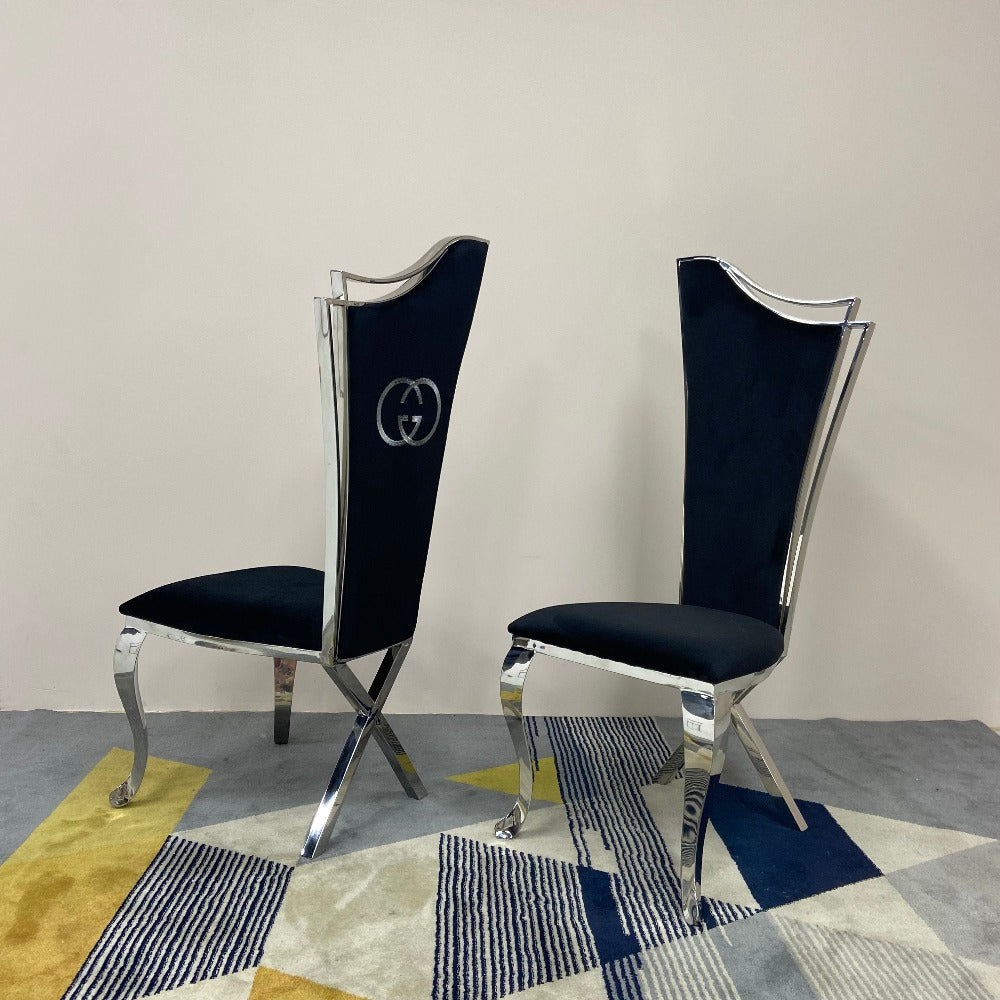 Classy Marble Dining Table With Classy GG Style Black Velvet Dining Room Chairs in Silver Stainless Steel Frame