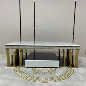 Luxury RBM Classic Home Elegant Modern-Designed Marble Coffee Table with 2 Drawers in Gold Stainless Steel Frame