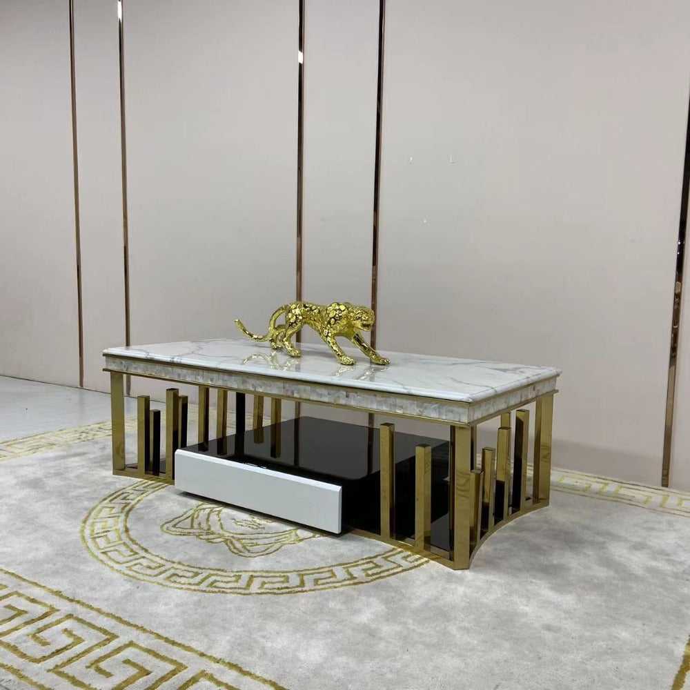 Luxury RBM Classic Elegant Modern-Designed Marble Coffee Table with 2 Drawers in Gold Stainless Steel Frame