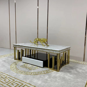 Elegant Modern-Designed Marble Coffee Table with 2 Drawers in Gold Stainless Steel Frame