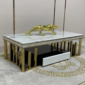 Luxury RBM Classic Elegant Modern-Designed Marble Coffee Table with 2 Drawers in Gold Stainless Steel Frame