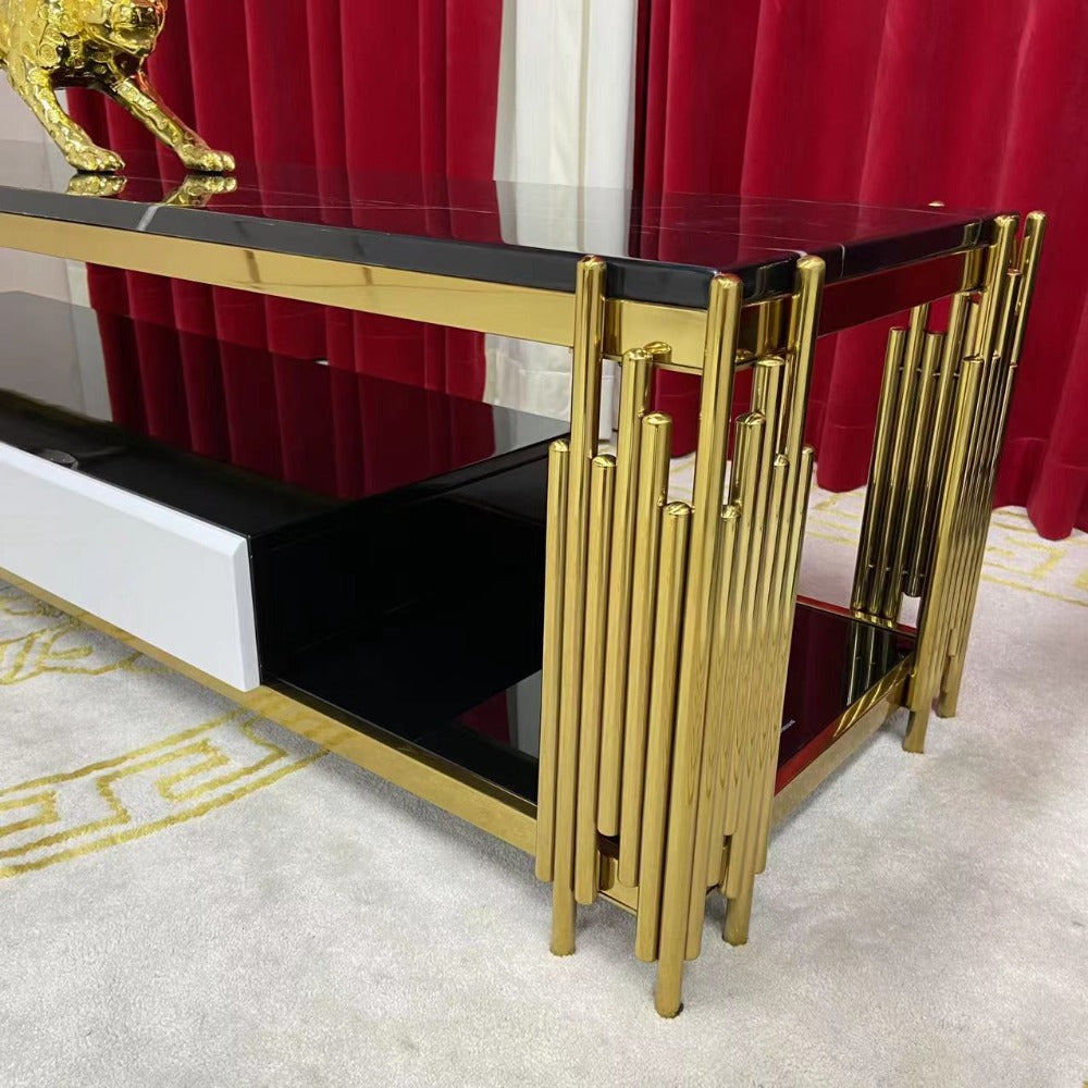 Classy Elegant and Stylish Modern TV Stand with 2 Drawers in Gold Stainless Steel Frame